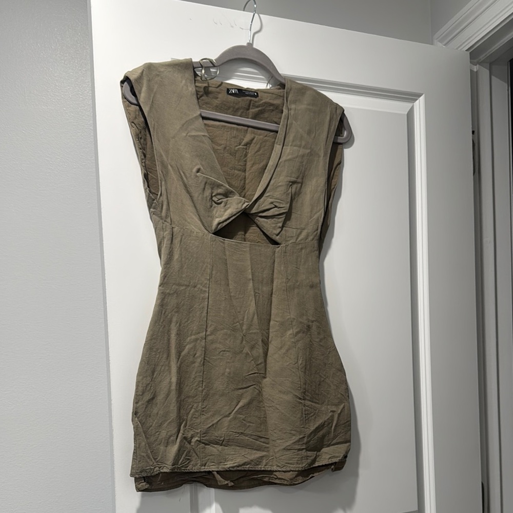 Zara Khaki Sleeveless Top with Bow Accent